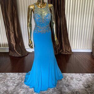 Beaded Marine Blue Mermaid Dress Size 12 - Illusion Formal Evening Gown